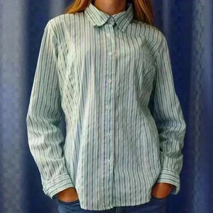 Women's Striped White and Turquoise Button Down
